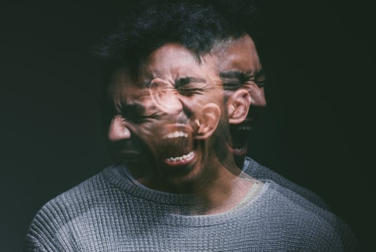 Stress,,Screaming,And,Man,In,Studio,With,Double,Exposure,For